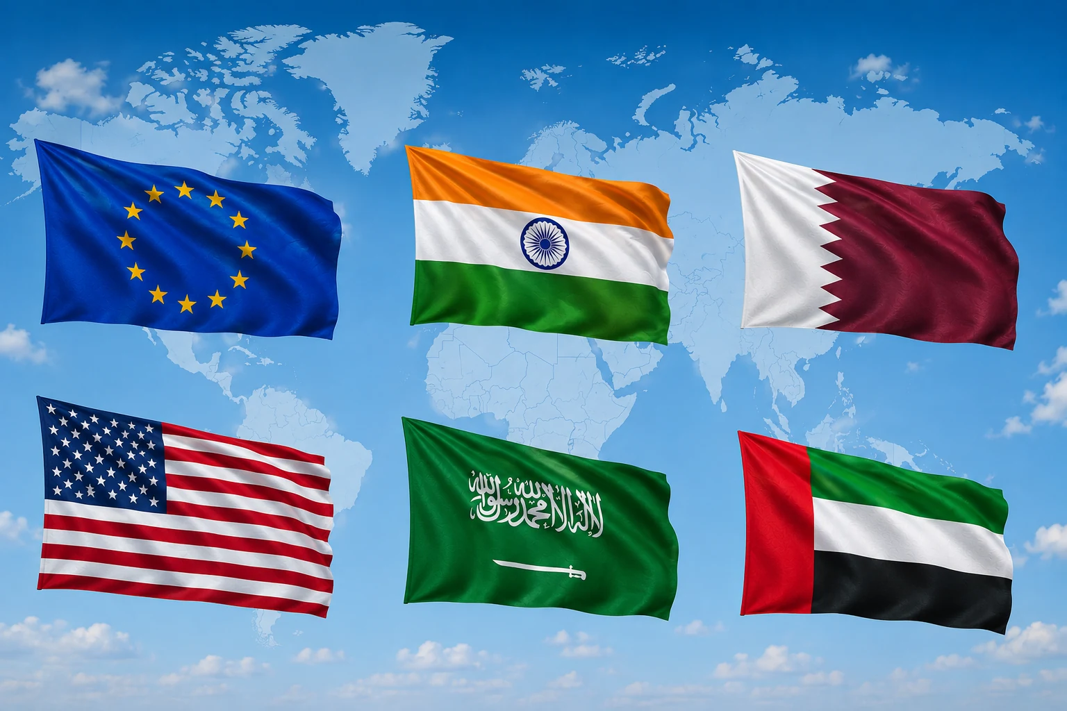Flags of the EU, India, Qatar, the United States, Saudi Arabia and the UAE over a world map